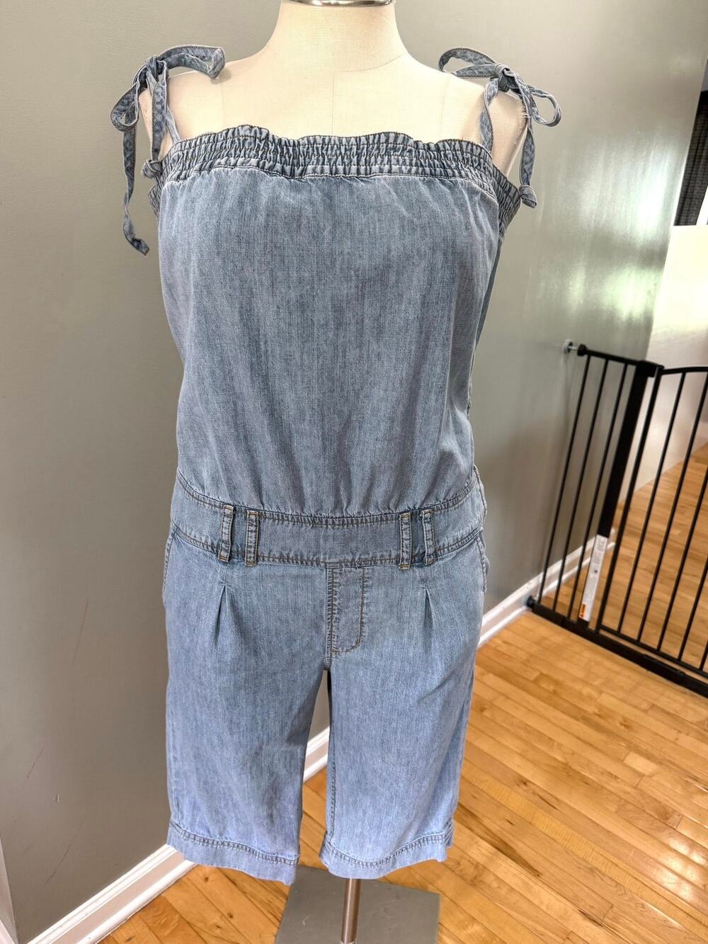 Baby Phat Blue Denim Jumpsuit Size 14 Light Wash Cotton Tie Shoulder Romper Y2K